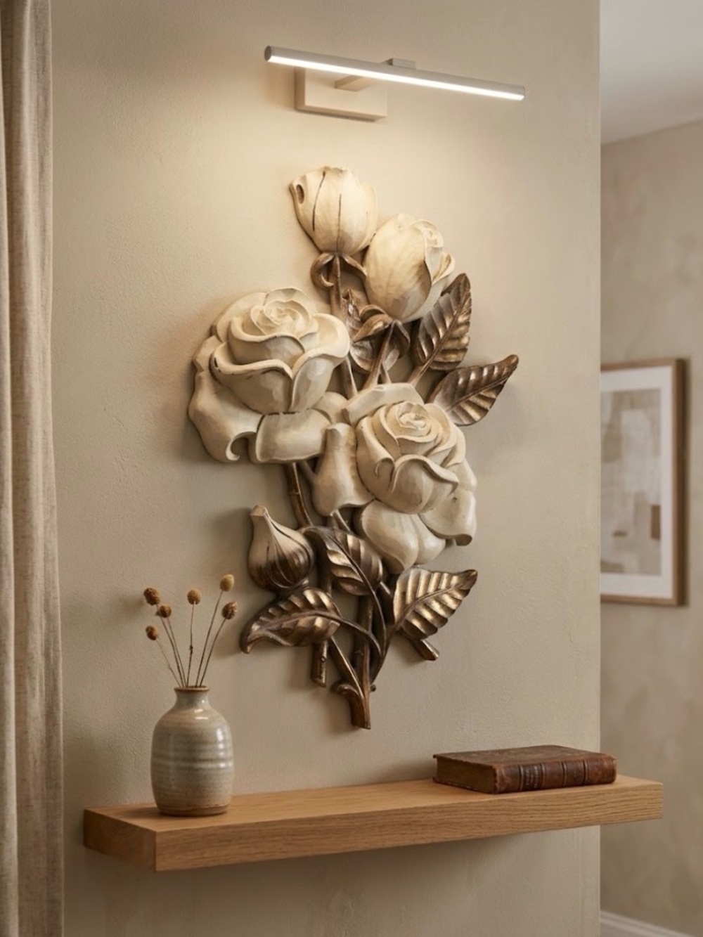 1962 Syroci Decorative White and Silver Rose Wall Art - Elegant Floral Accent